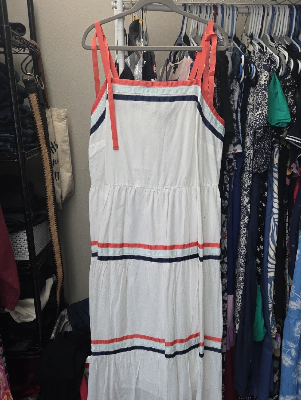 Lane Bryant White Maxi Sundress with Coral and Navy Stripes